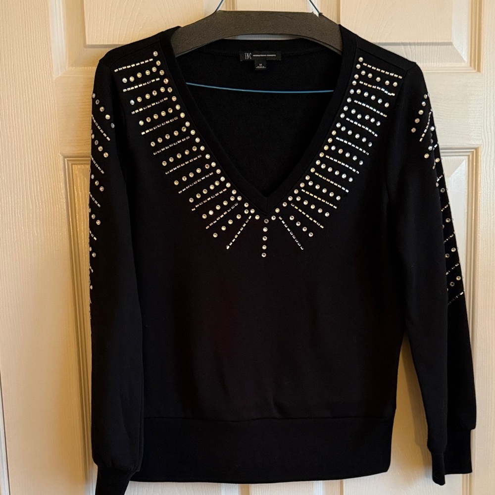 INC International Concepts Black V-Neck Sweatshirt with Studded Design